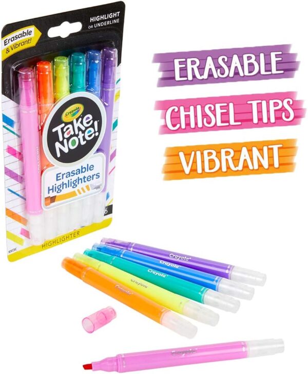 Crayola Take Note Erasable Highlighters, Cool School Supplies, Chisel Tip Markers, 6 Count - Image 7